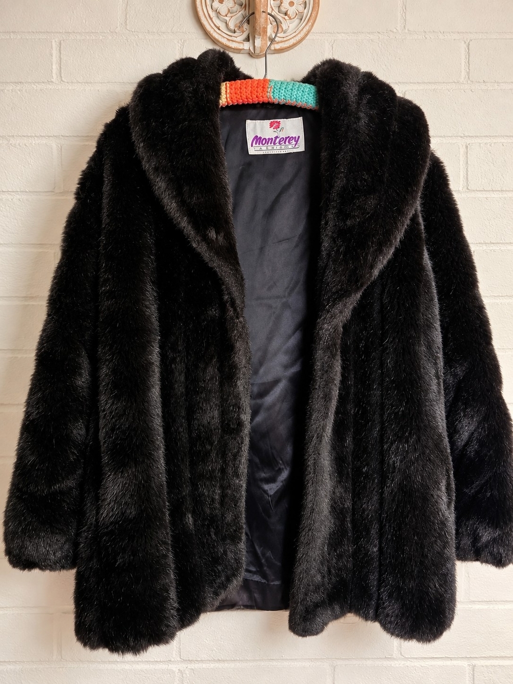 Vintage Monterey Fashions Black Faux Fur Coat Made USA 90s Glam Grunge